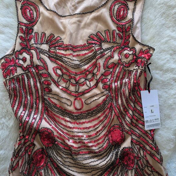 Unique Vintage 1920s Pink Beaded Yvette Fringe Cocktail Dress - L/10-12 - Picture 2 of 5